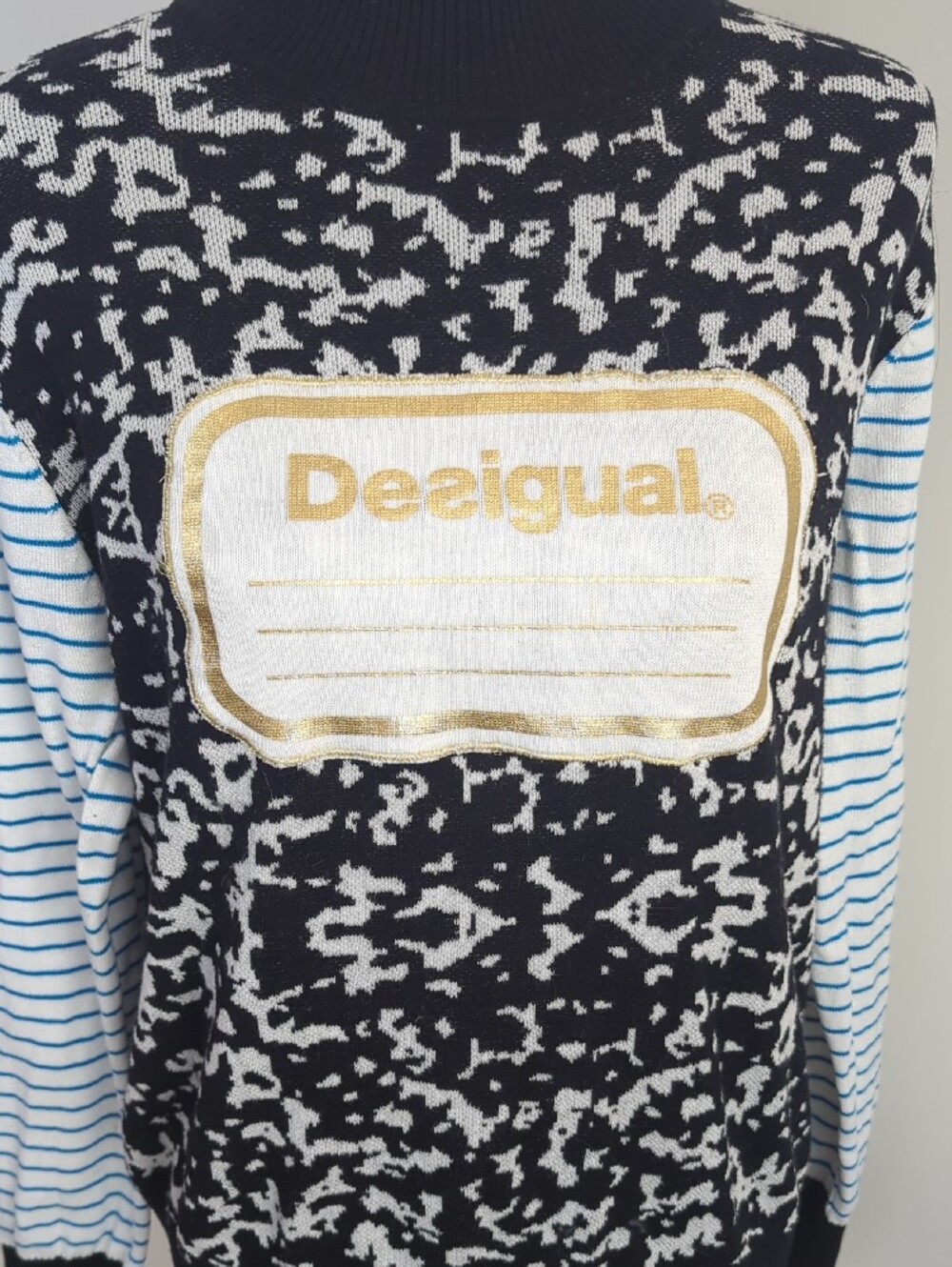 Desigual Composition Notebook Mock Neck Knit Sweater Stripe Accent Pullover LRG - Picture 6 of 13
